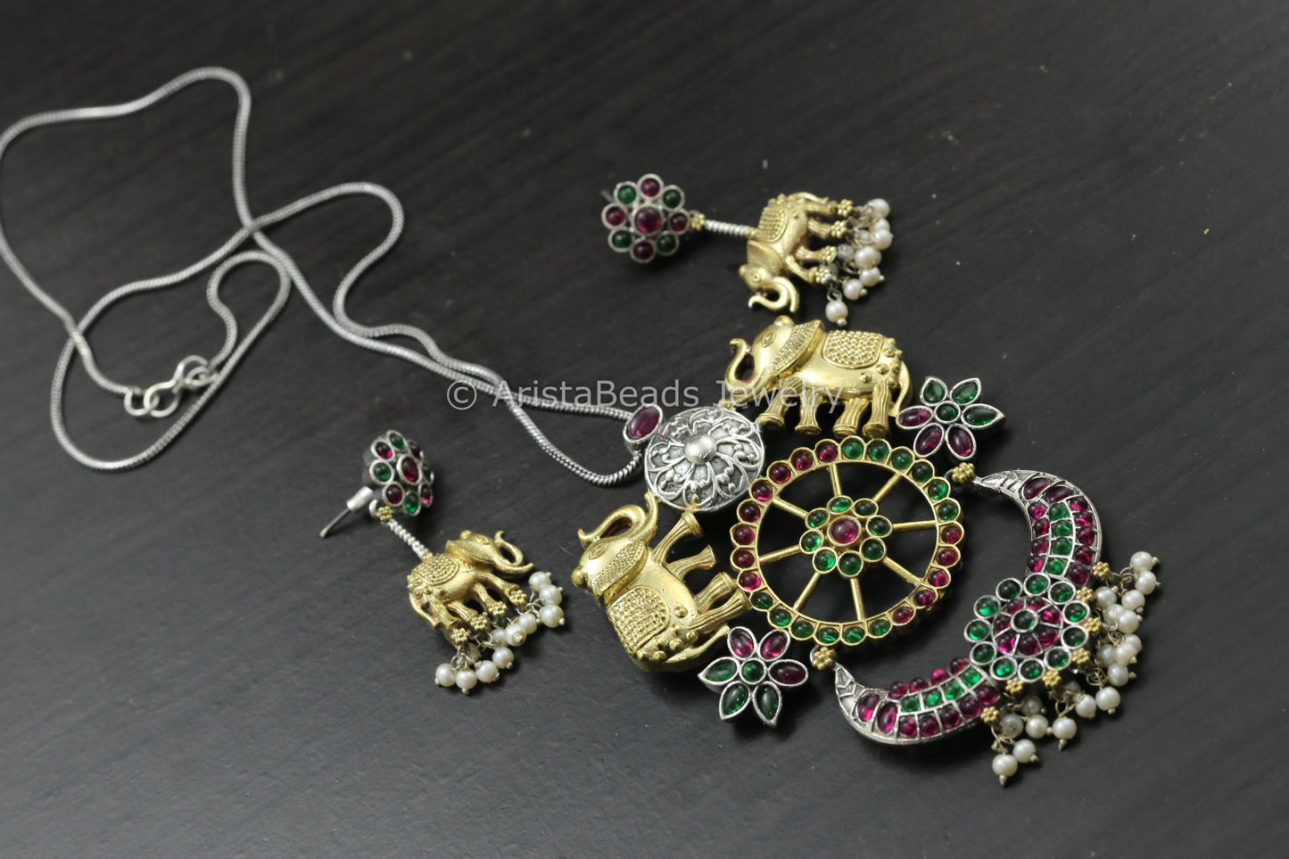 Dual Tone Silver Replica Necklace - Green Ruby