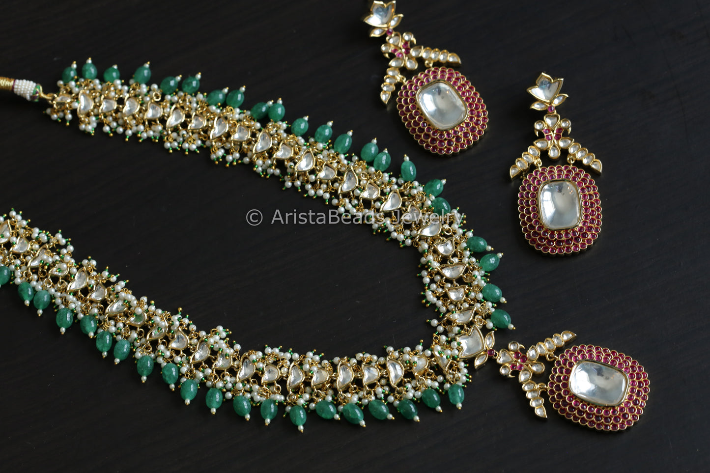 Premium Polki Kundan Necklace Set With Pachikari Work