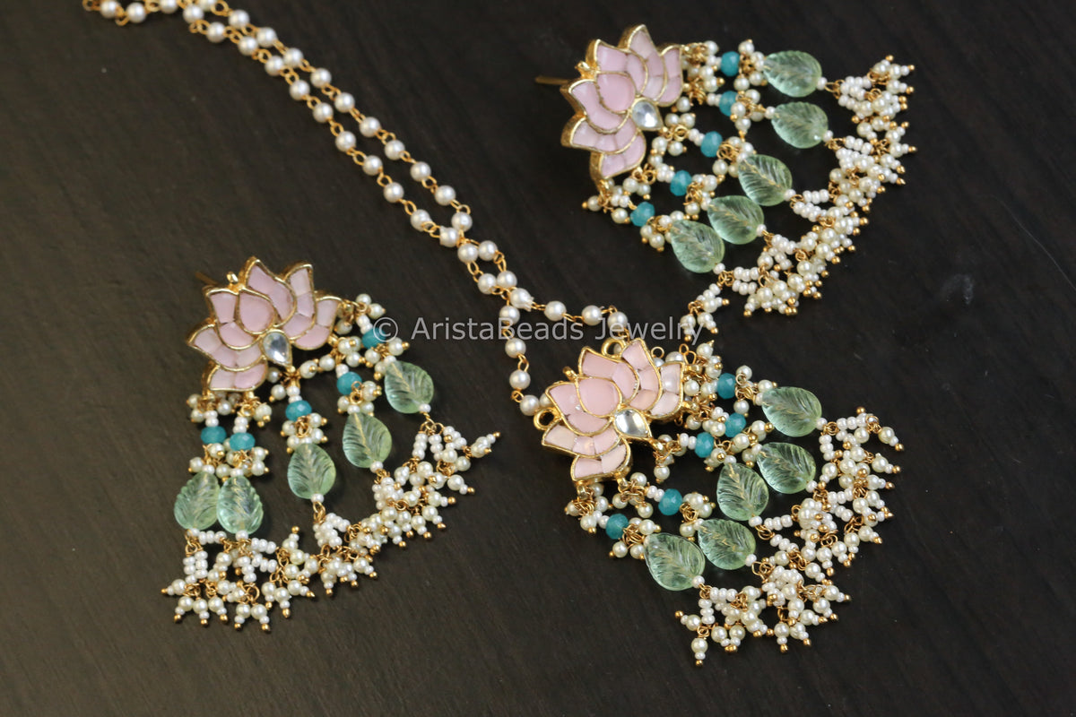 Pachi Kundan Lotus Necklace Set - Pink
