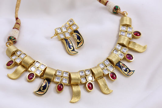 Kundam Polki Enamel Claw Necklace Set - Blue