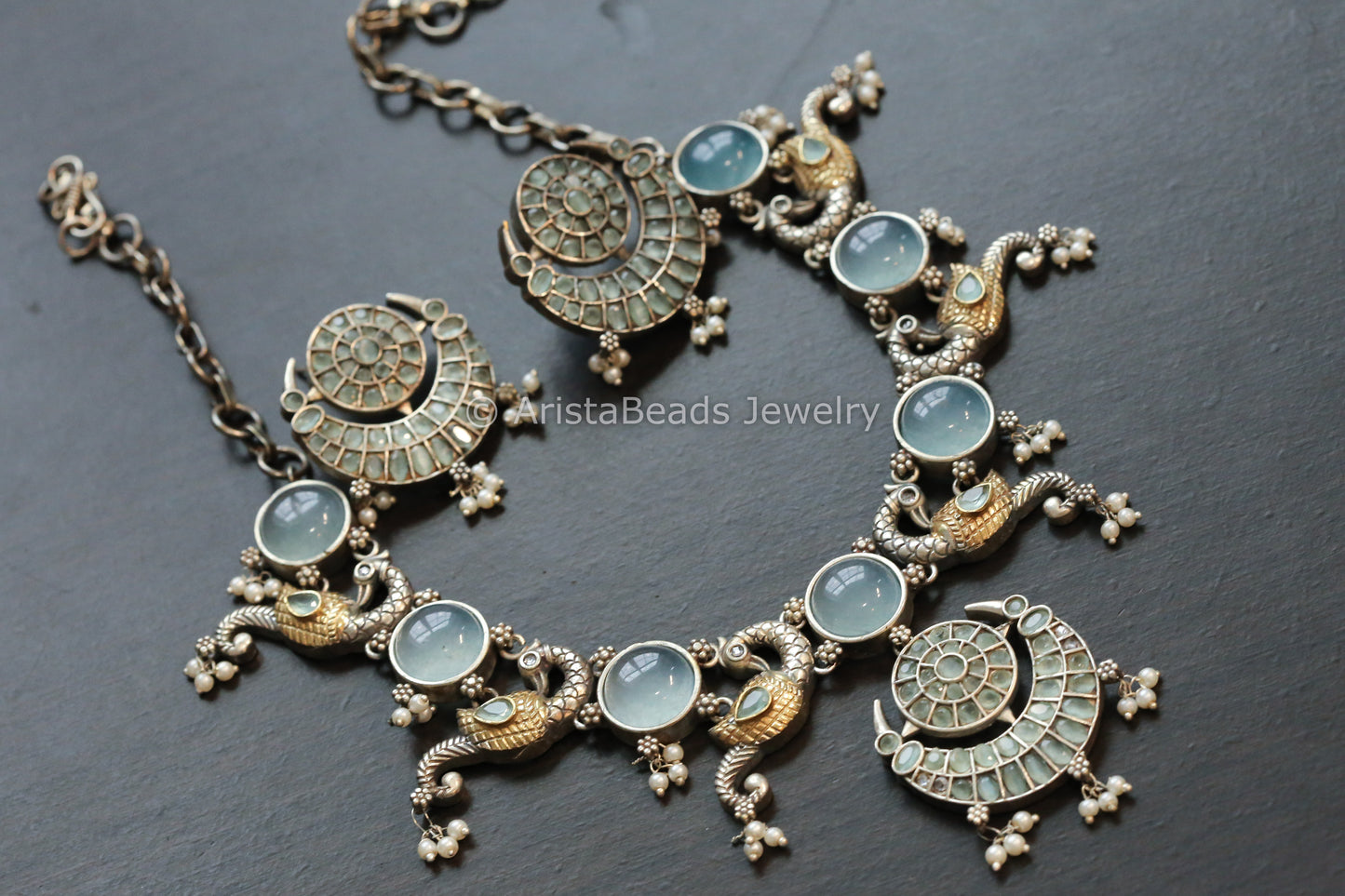 Dual Tone Peacock Monalisa Stones Necklace - Mint