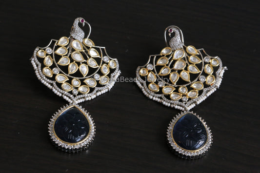 Extra Large Uncut Polki Earrings - Blue Carved Stone