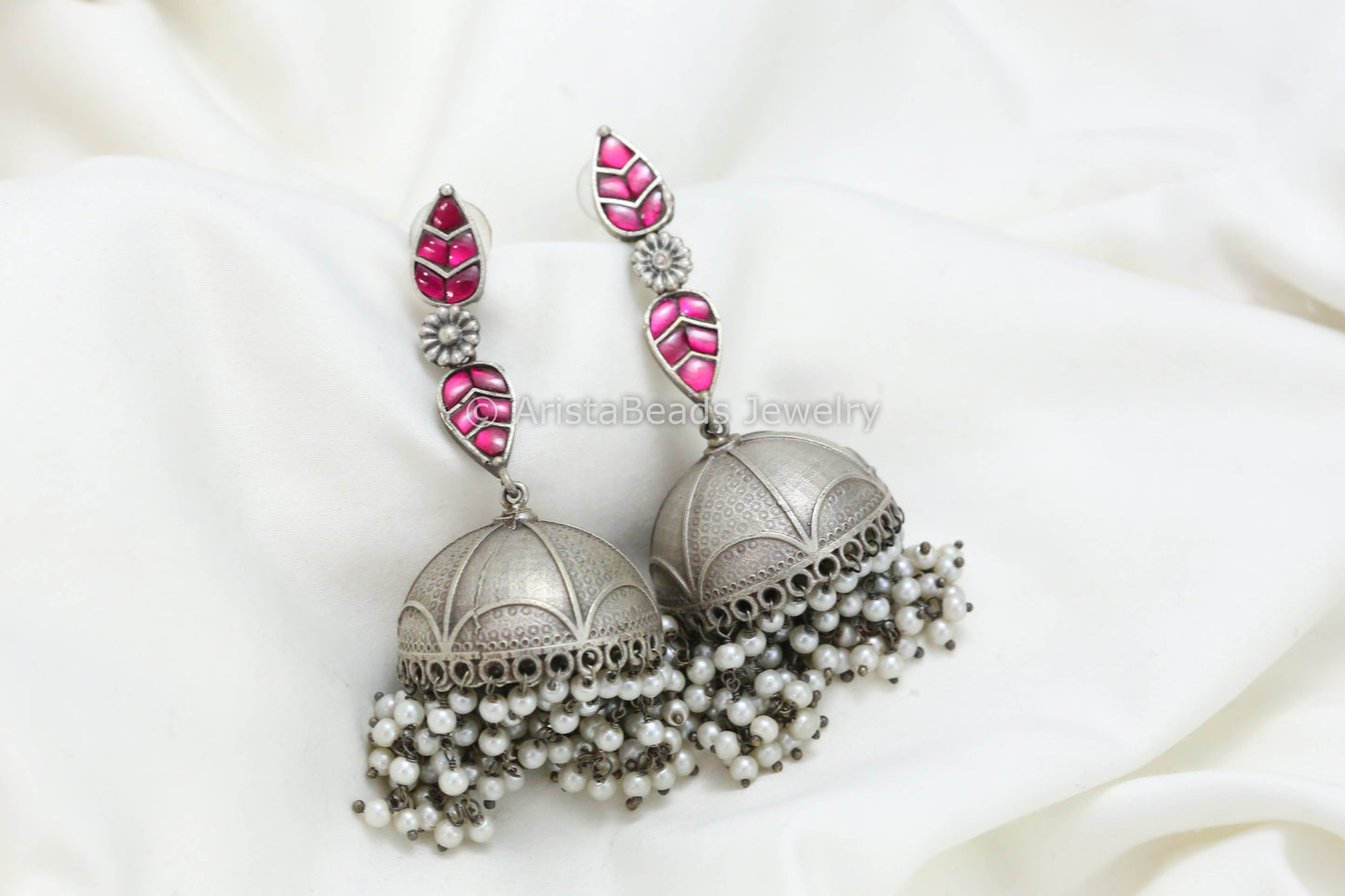 Long Jadau Kundan Silver Fusion Jhumka - Ruby