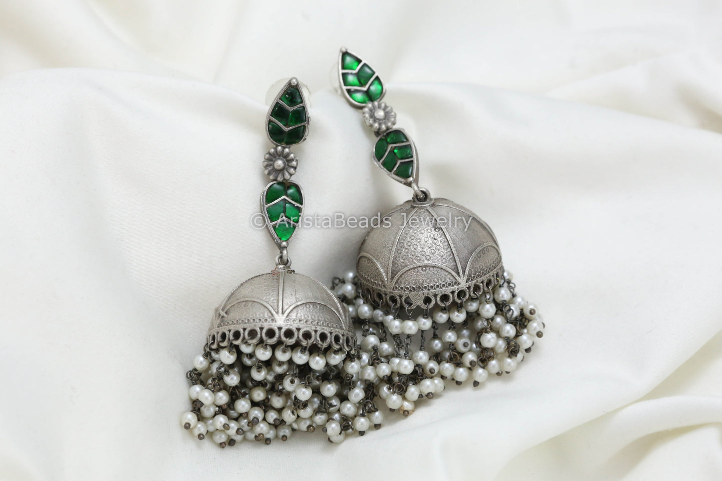 Long Jadau Kundan Silver Fusion Jhumka - Green