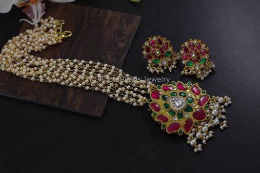 Lotus Jadau Necklace Set - Ruby