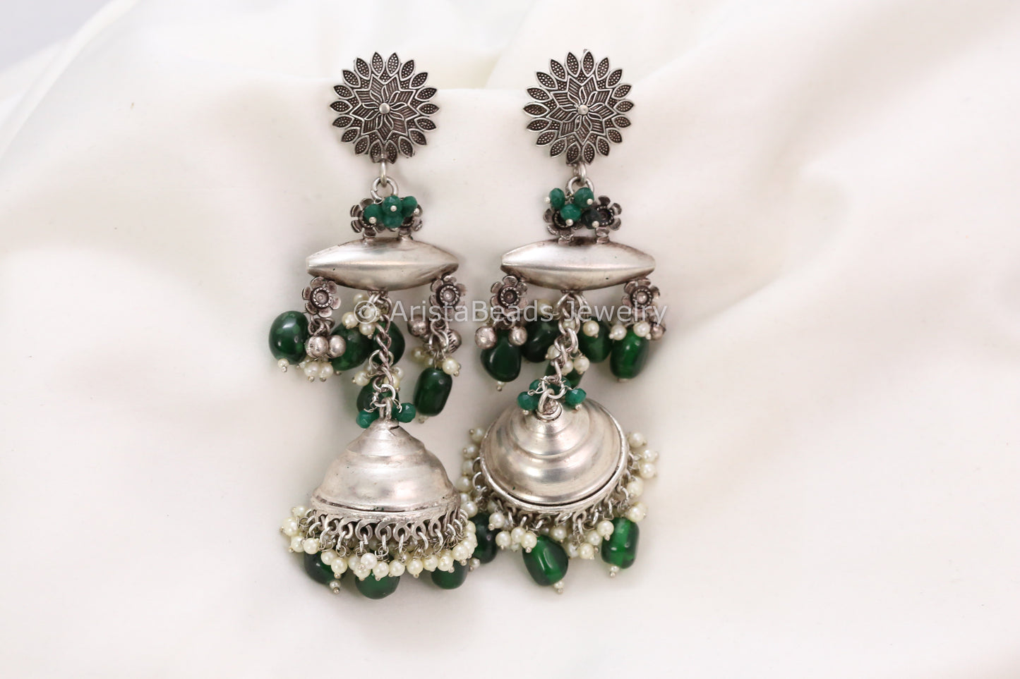 Long 925 Silver Polish Jhumka - Green
