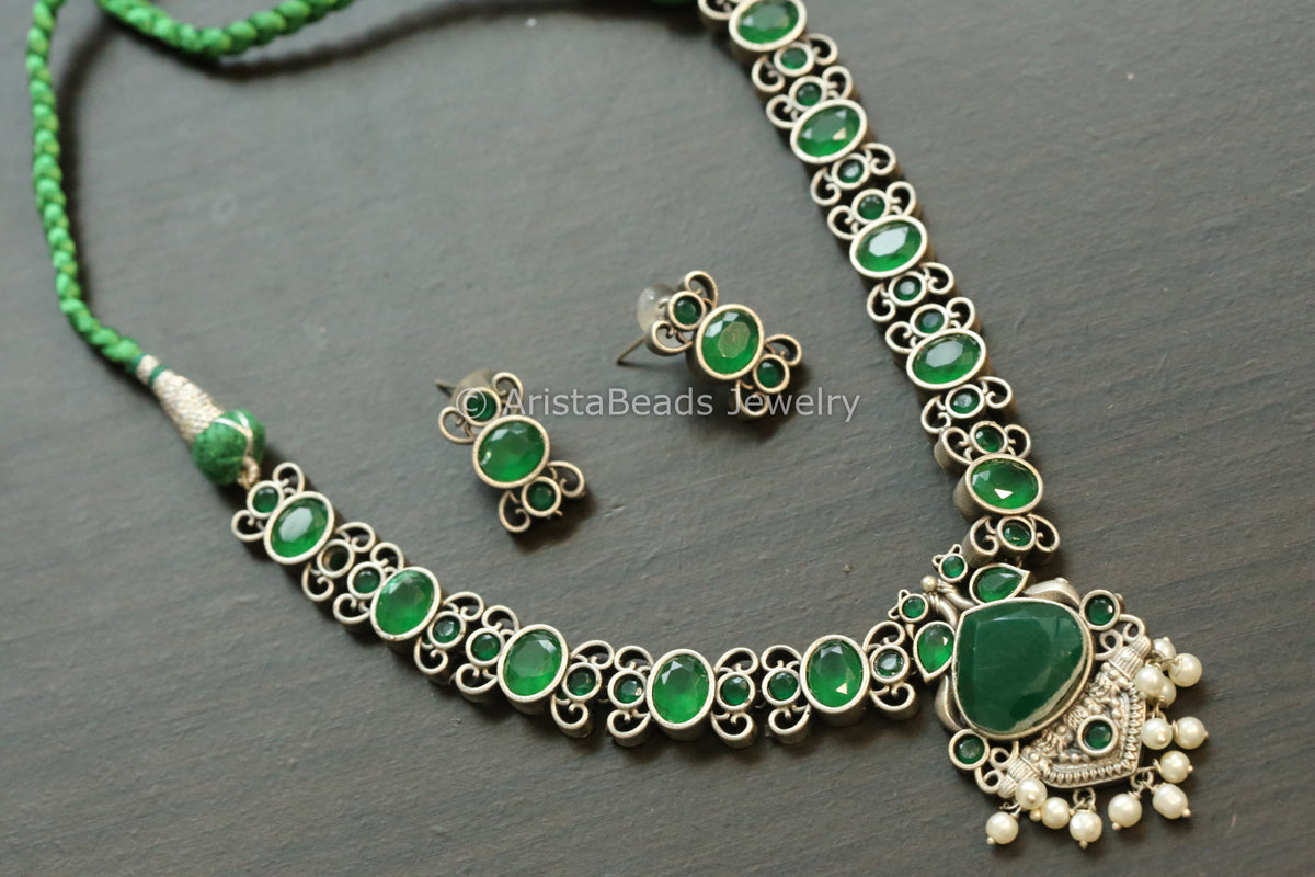 Oxidized Monalisa Necklace Set - Green