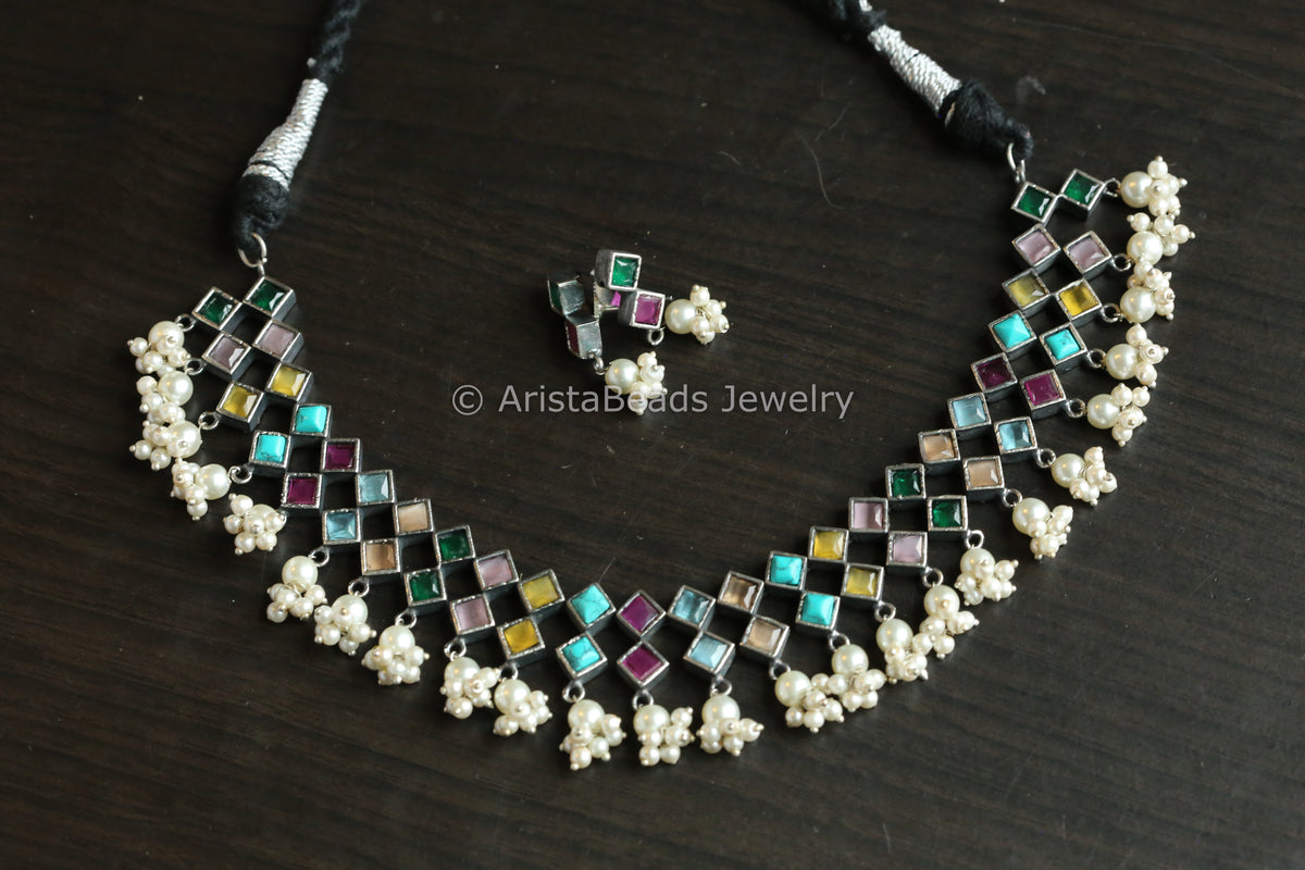 Navratna Oxidized Necklace Set