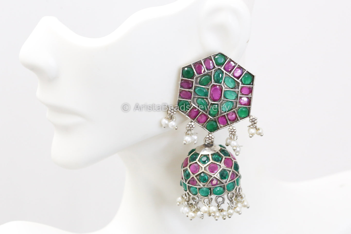 Silver Jadau Look Alike Oxidized Jhumka - Ruby Green