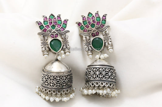Silver Look Lotus Jhumka - Ruby Green