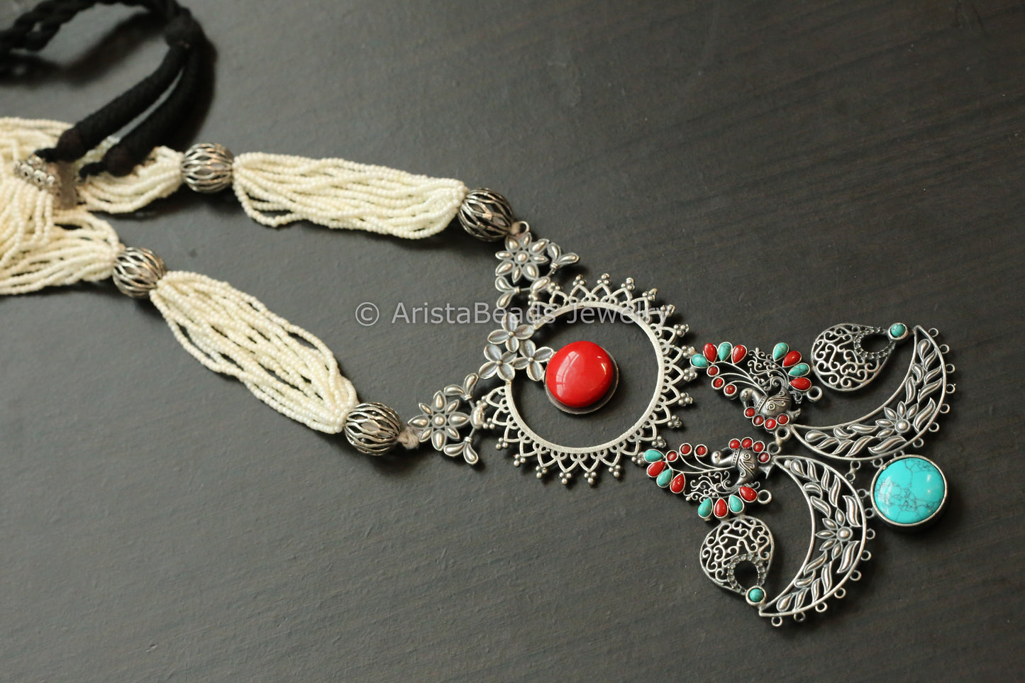 Large Coral Turquoise Peacock Pendant Necklace