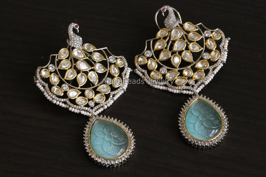 Extra Large Uncut Polki Earrings - Mint Carved Stone