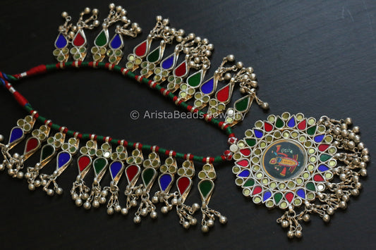 Darpan Oxidized Real Glass Long Necklace- Multicolor