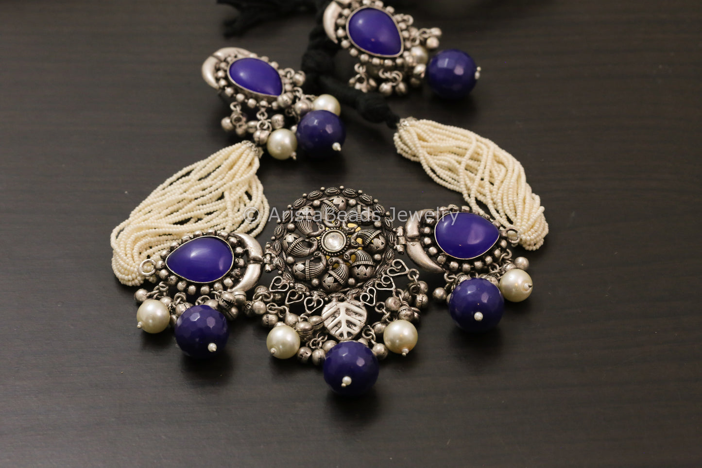 Silver Look Alike Kundan Peacock Necklace - Blue