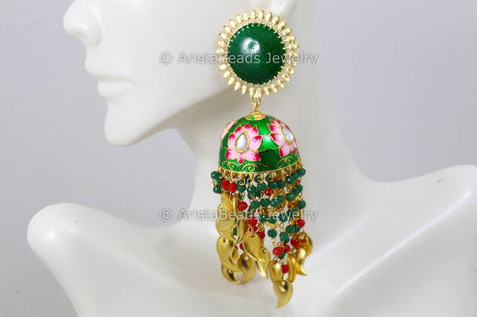 Handmade Enamel Jhumka - Green
