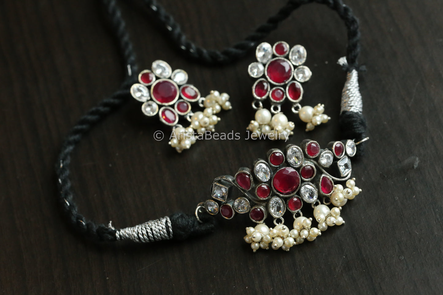Dainty CZ & Monalisa Stones Necklace Set - Red