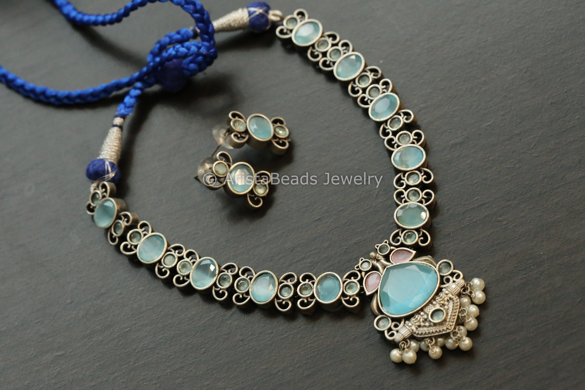 Oxidized Monalisa Necklace Set - Ice Blue & Pink