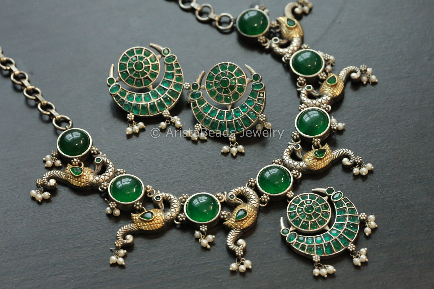 Dual Tone Peacock Monalisa Stones Necklace - Green