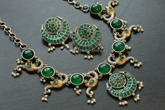 Dual Tone Peacock Monalisa Stones Necklace - Green
