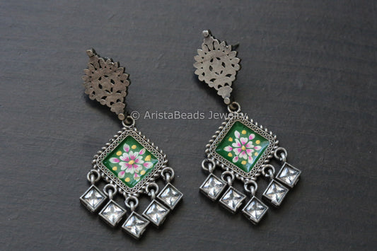 Hand Enamel Earrings - Green