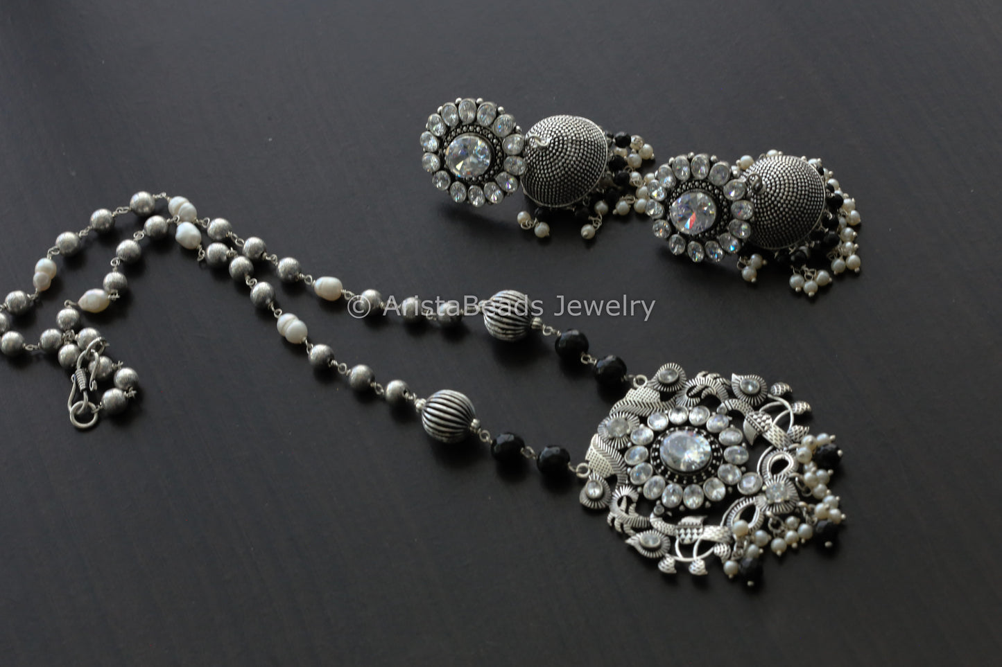 Oxidized German Silver Clear Stone Necklace Set