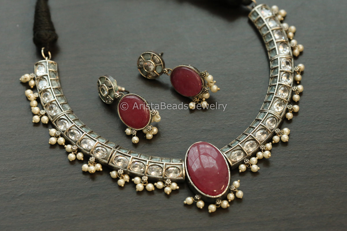 Oxidized Hasli Necklace Set - Clear Mint & Ruby