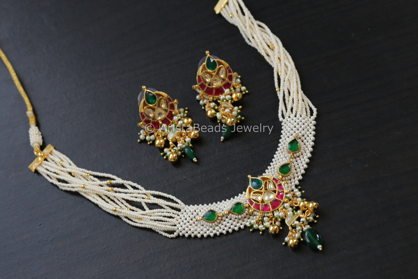 Jadau Pachi Kundan Seed Pearl Chatai Necklace Set