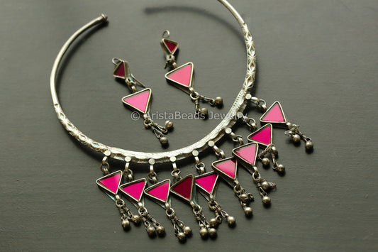 Real Glass Hasli Necklace Set- Pink