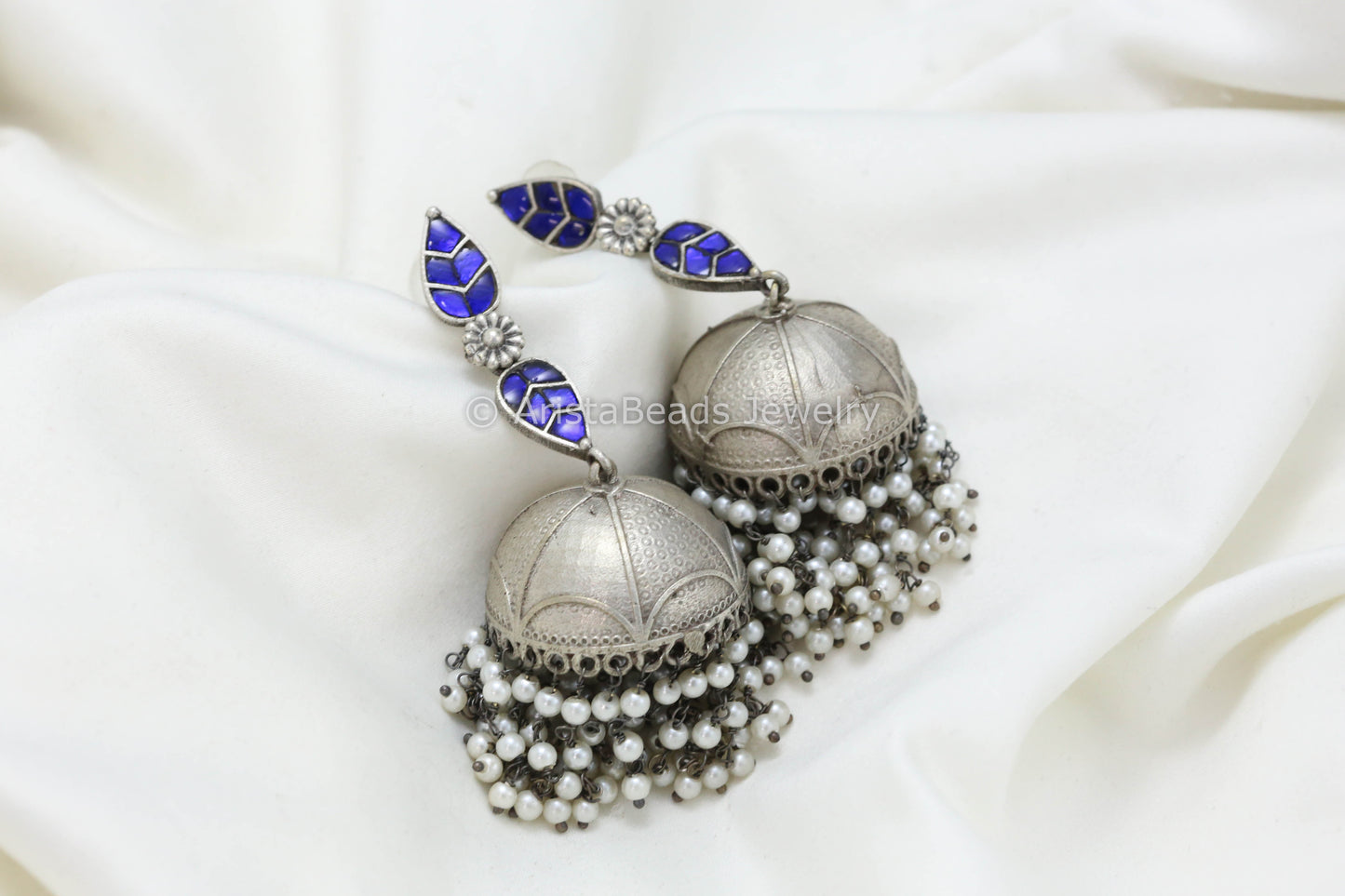 Long Jadau Kundan Silver Fusion Jhumka - Blue