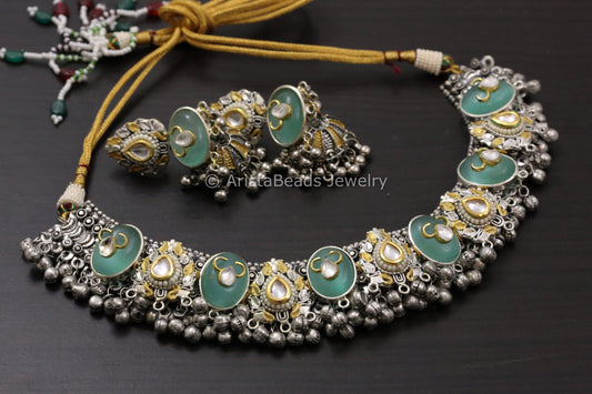Contemporary Dual Tone Designer Kundan Necklace Set - Mint