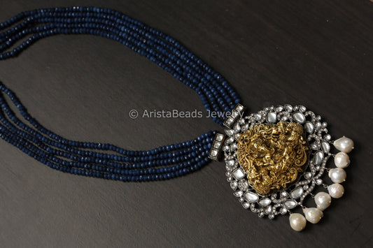 Dual Tone Kundan Necklace -Blue Onyx Mala
