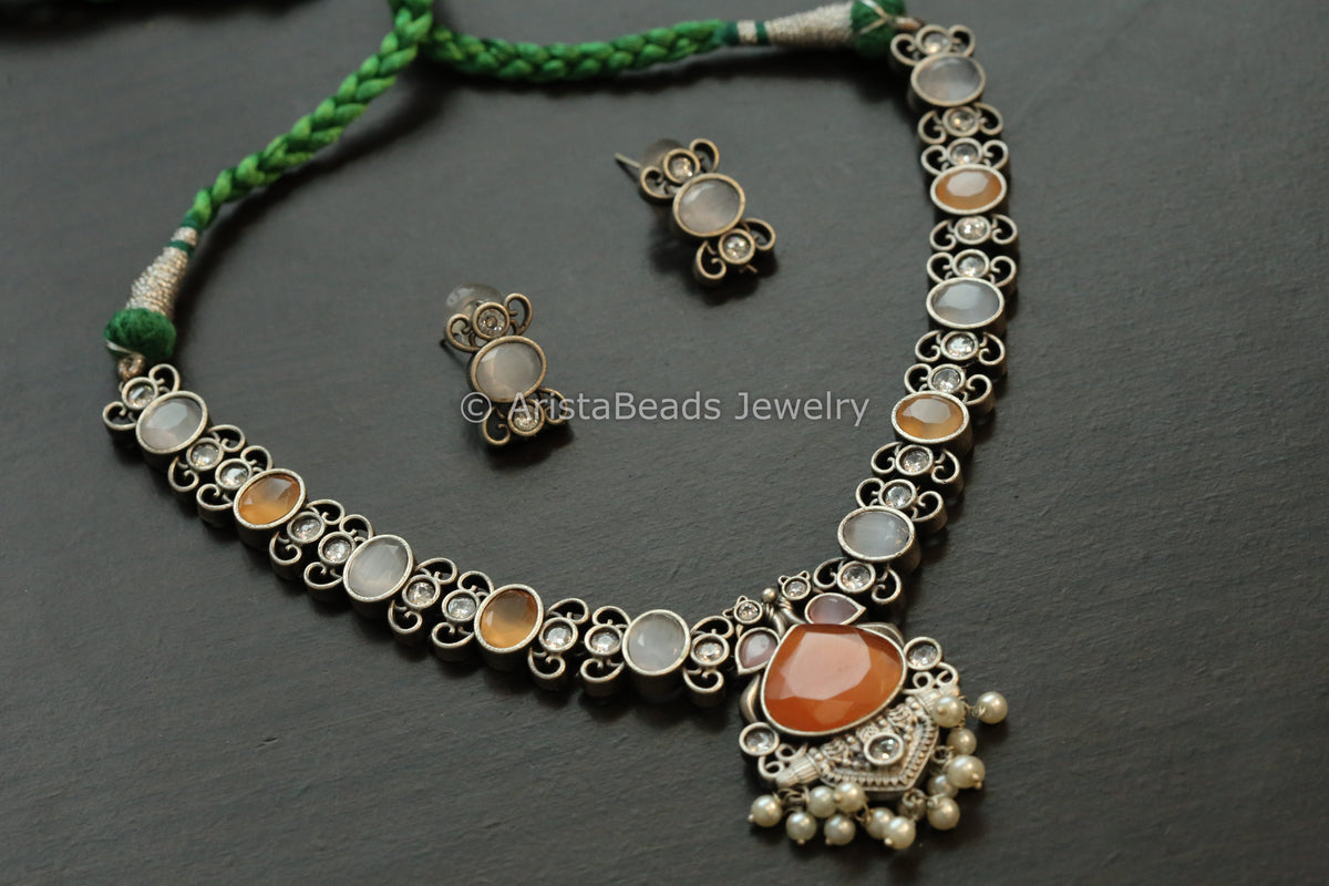 Oxidized Monalisa Necklace Set - Gray & Orange