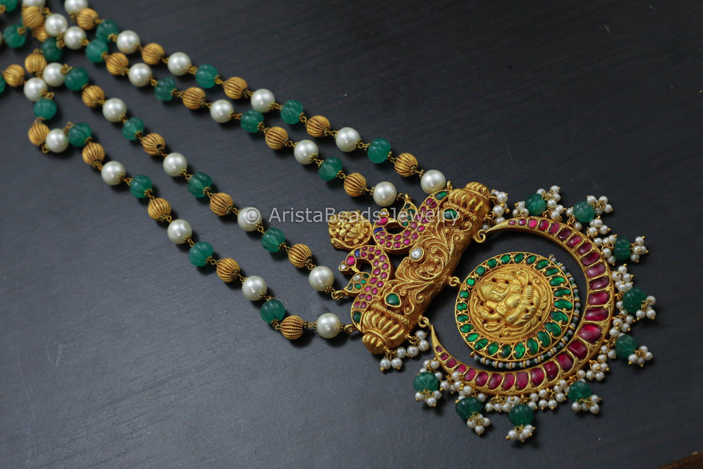 Nakshi Ganesha Jadau Necklace In Fluorite Pumpkin Beads Mala