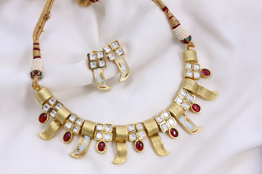 Kundan Polki Enamel Claw Necklace Set - Sky Blue