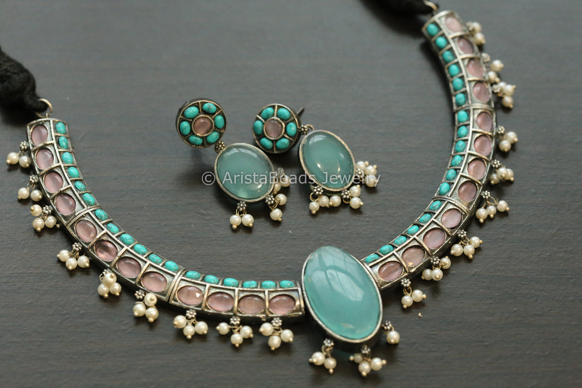 Oxidized Hasli Necklace Set - Pink & Turquoise
