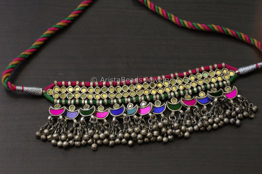 Darpan Oxidized Clear Glass Necklace- Multicolor