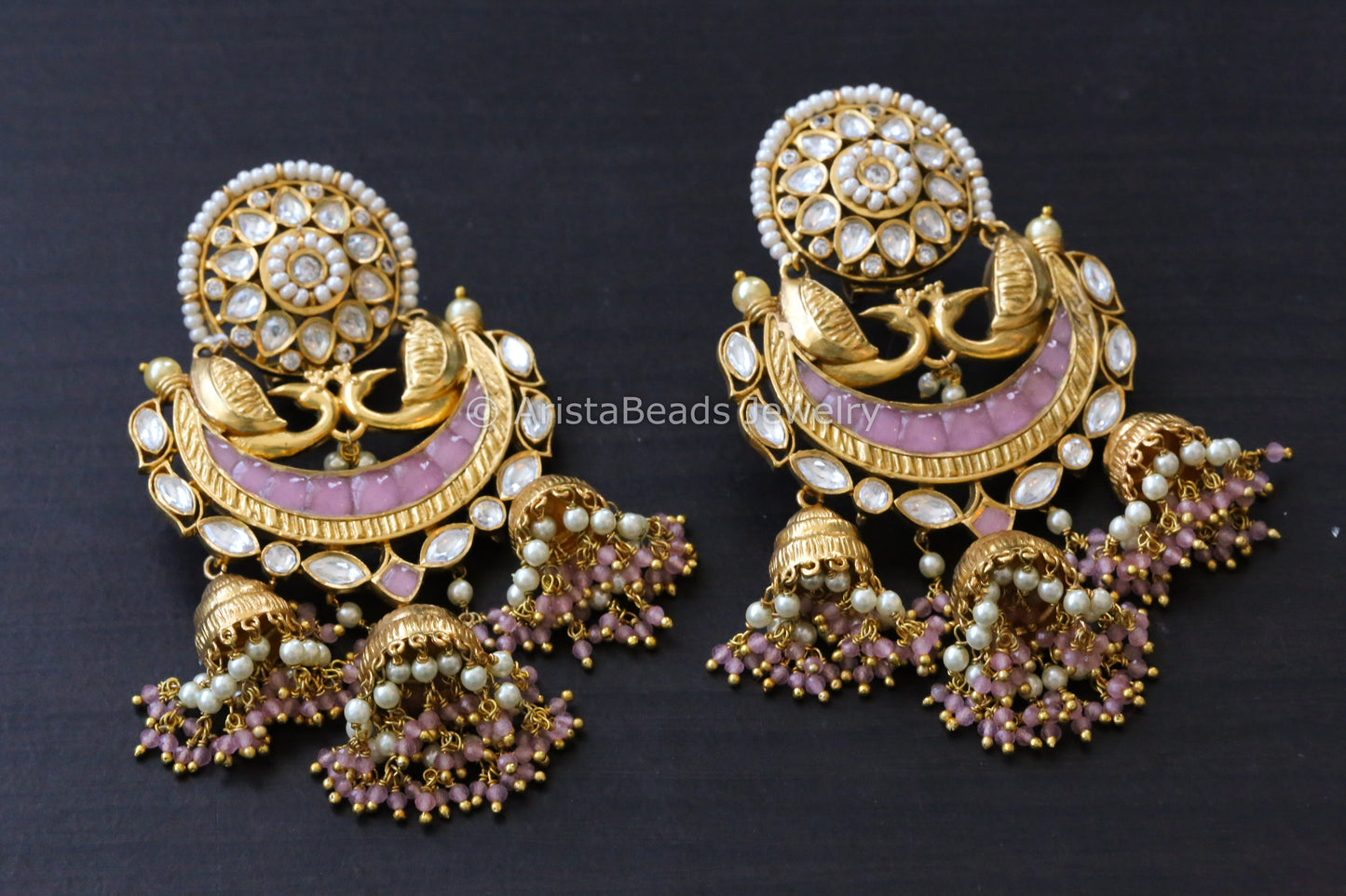 Premium Pachi Kundan 3 Tier Jhumka  - Pink