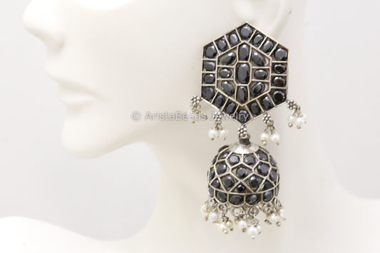 Silver Jadau Look Alike Oxidized Jhumka - Black