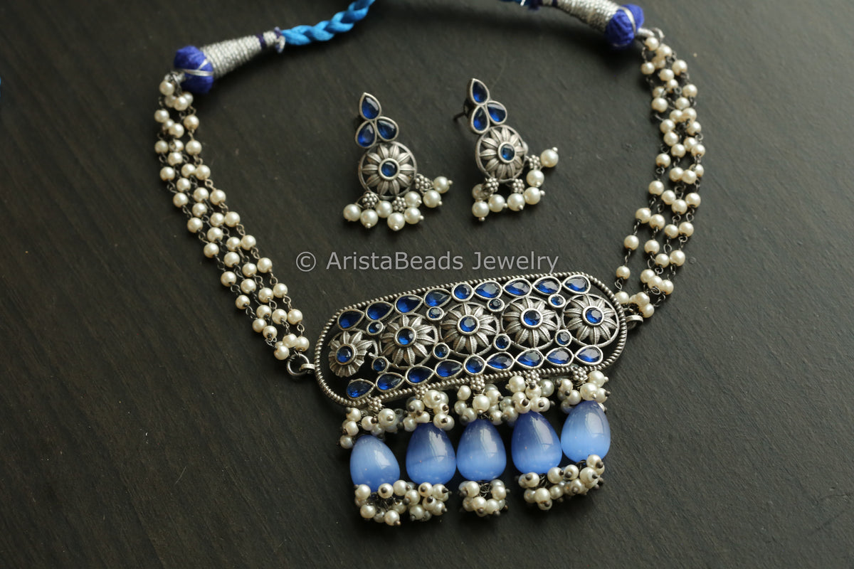 Oxidized Necklace Set  -Blue