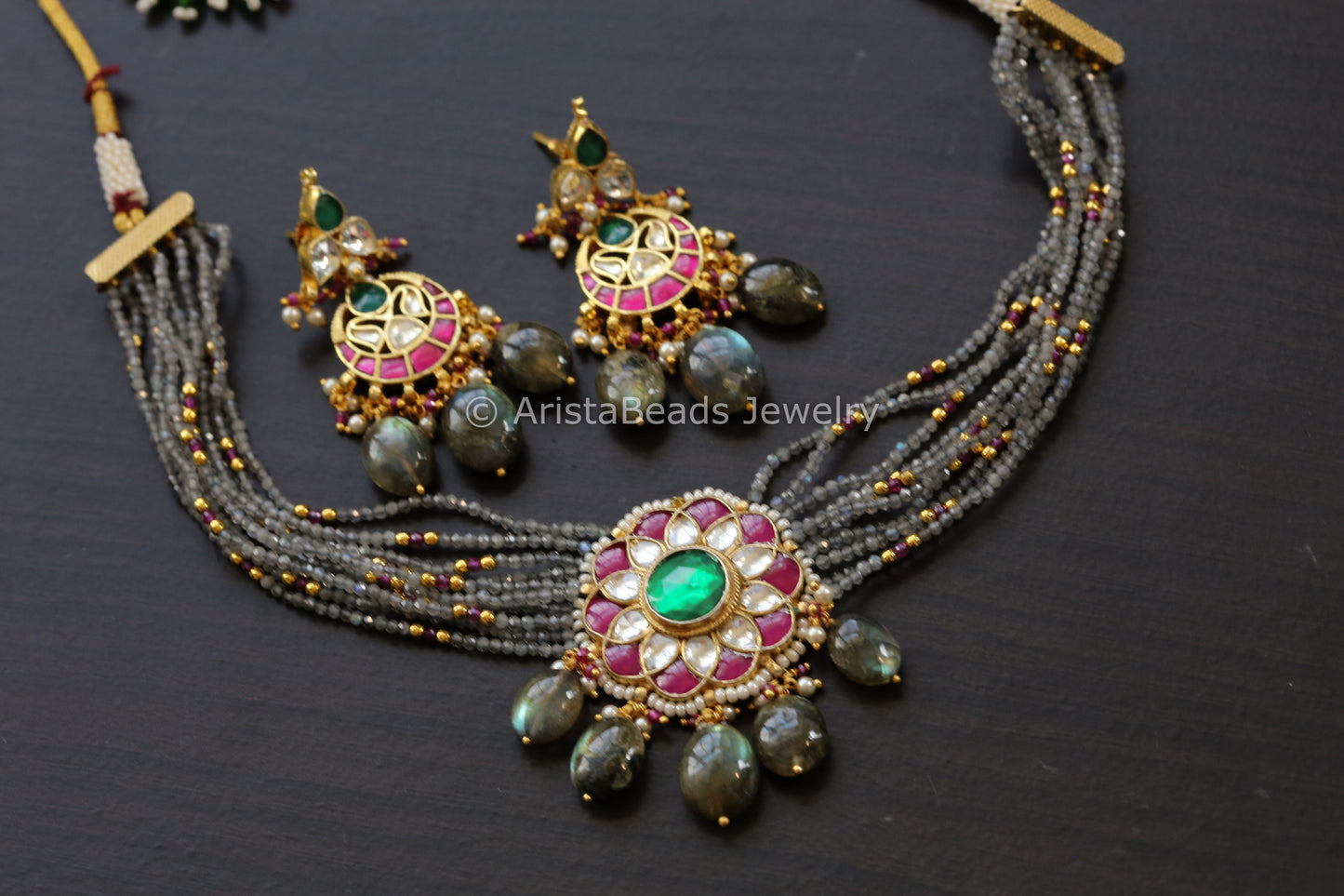 Real Labradorite Jadau Pachi Necklace Chandbaali Set