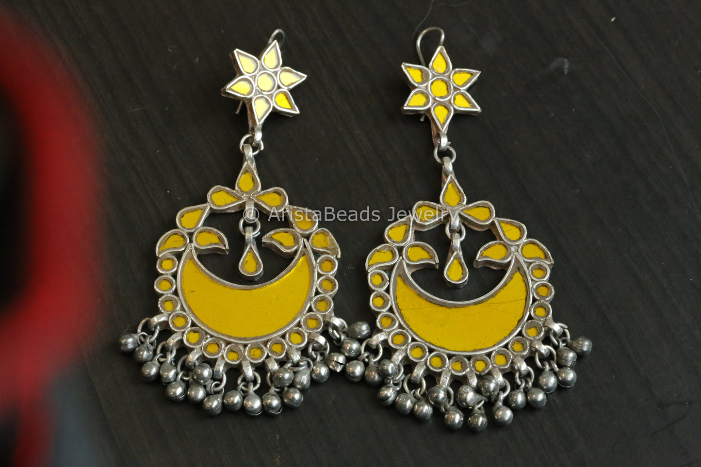 Large Real Glass Chandbaali - Yelllow