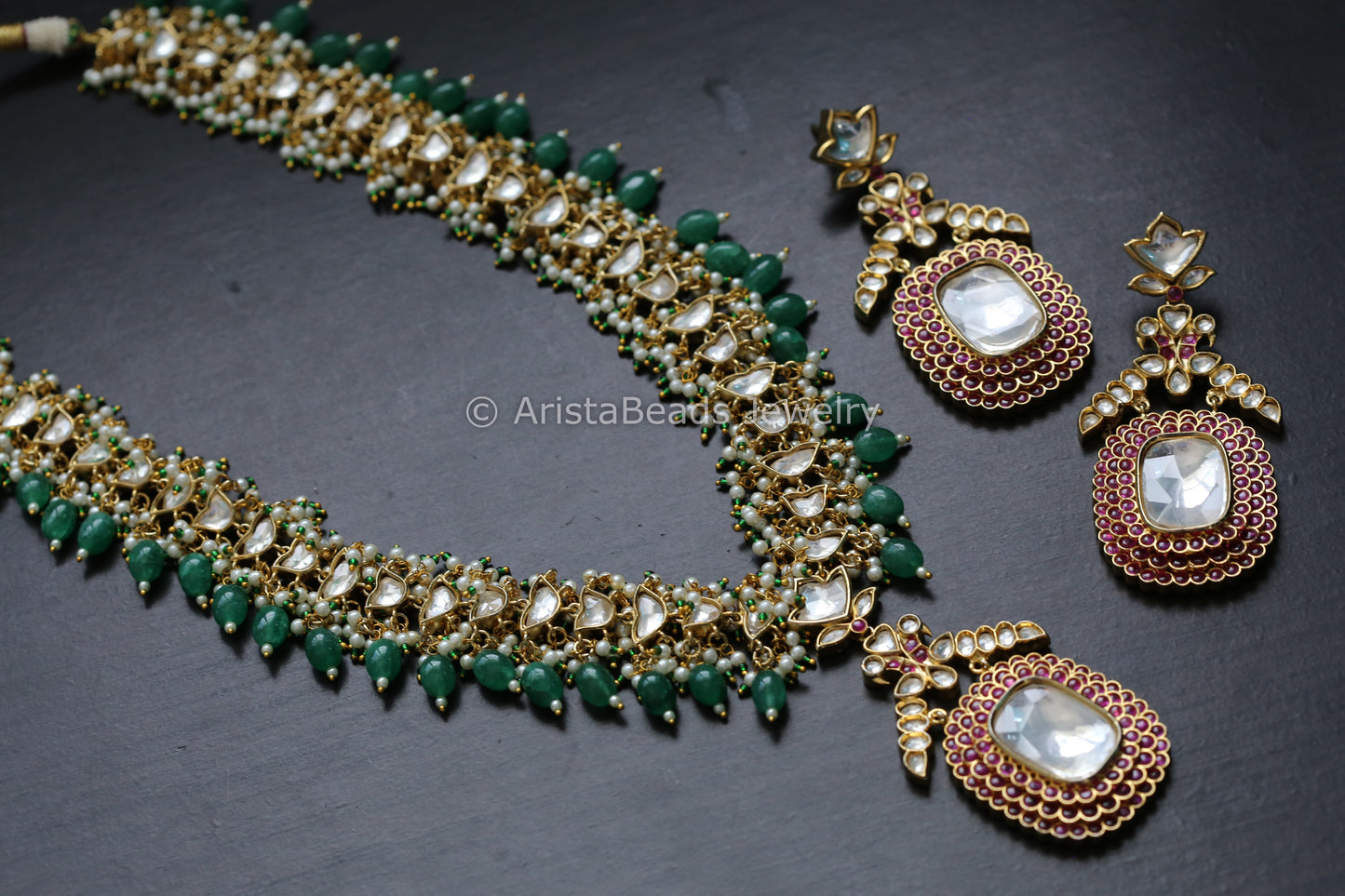 Premium Polki Kundan Necklace Set With Pachikari Work