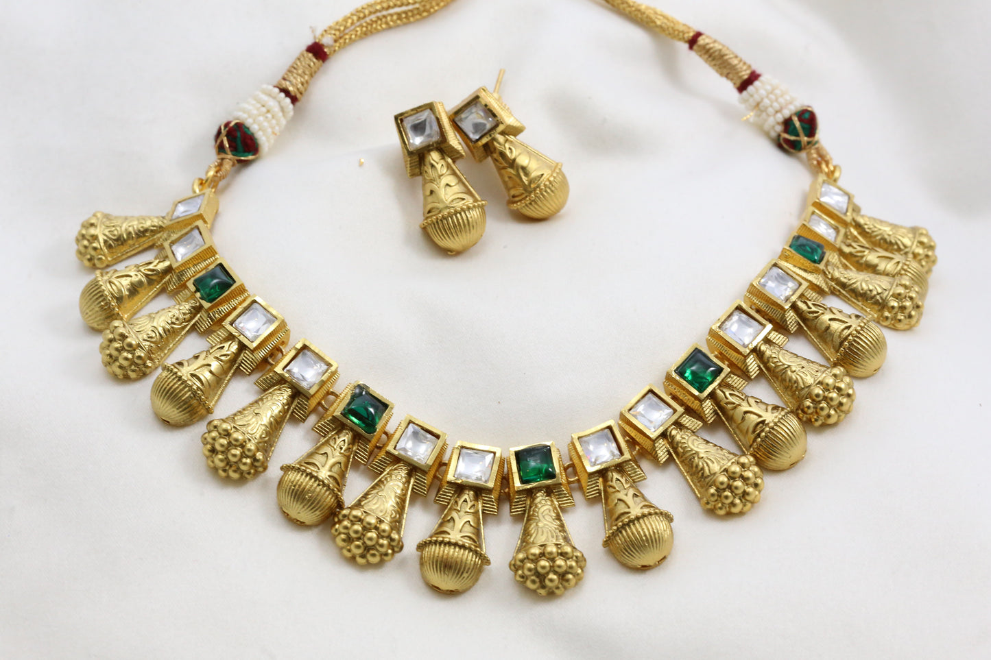 Swarna Antique Gold Kundan Necklace Set - Green