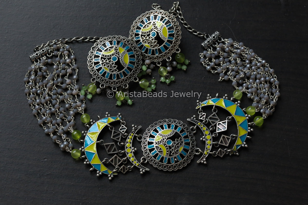 Oxidized Enamel Choker Necklace Set - Green Blue
