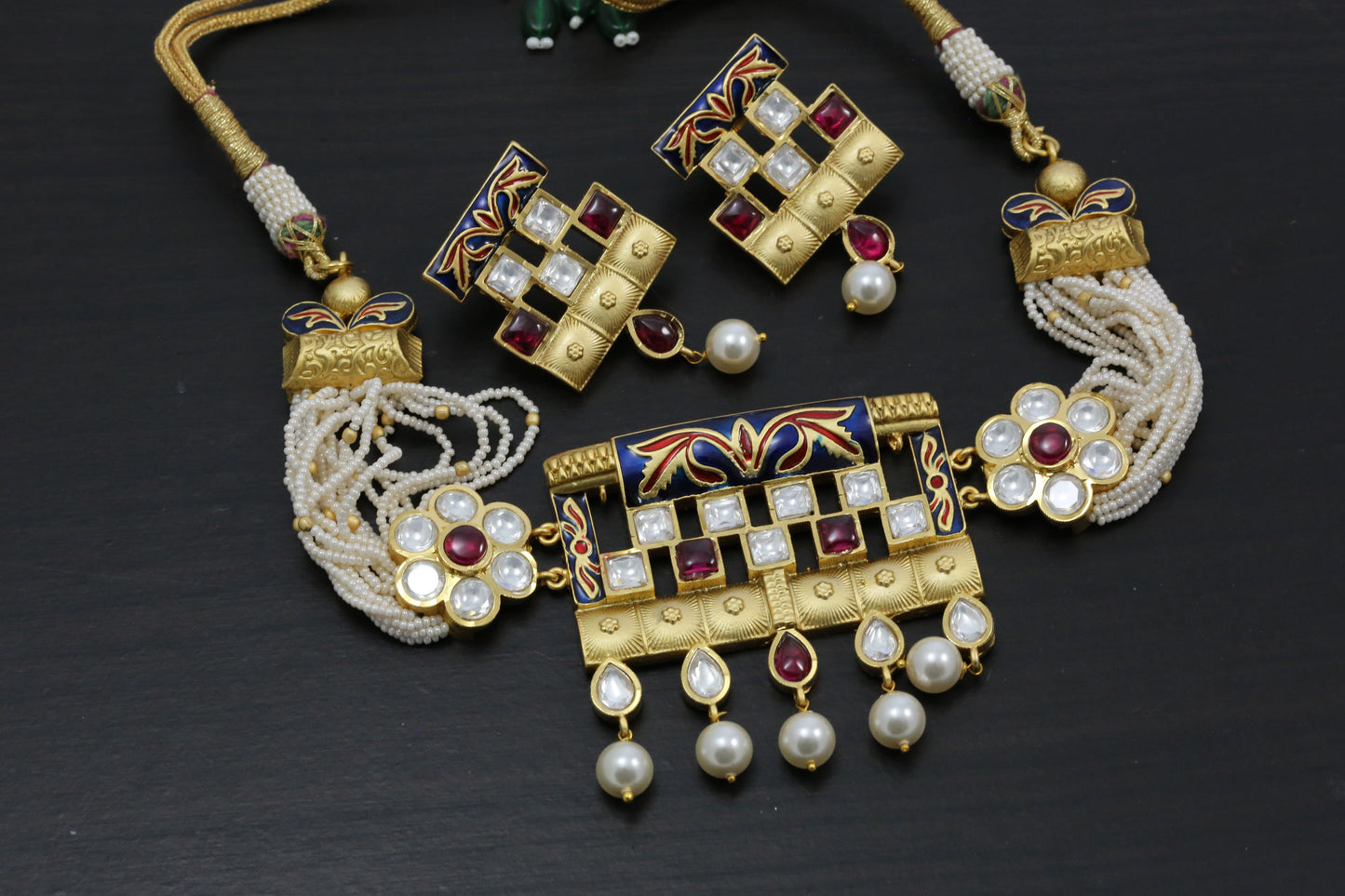 Kundan Polki Enamel Choker  Set - Blue