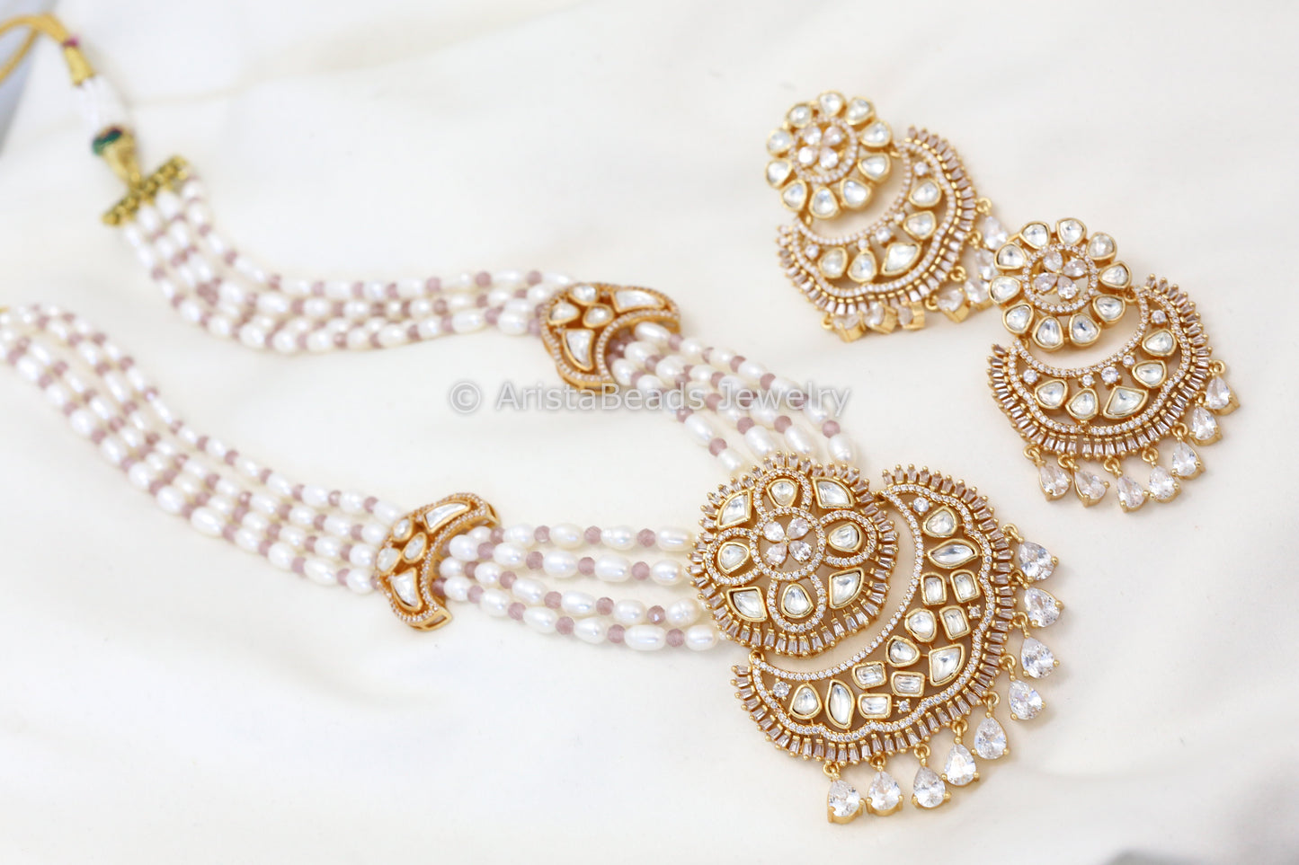 Real Pearls Kundan CZ Necklace Set - Pastel Pink