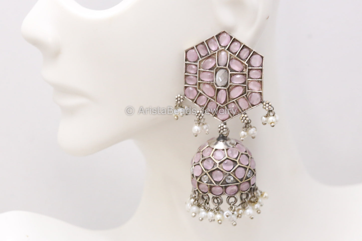 Silver Jadau Look Alike Oxidized Jhumka - Pink