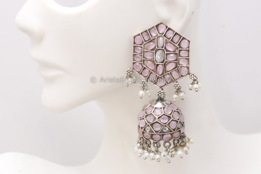 Silver Jadau Look Alike Oxidized Jhumka - Pink