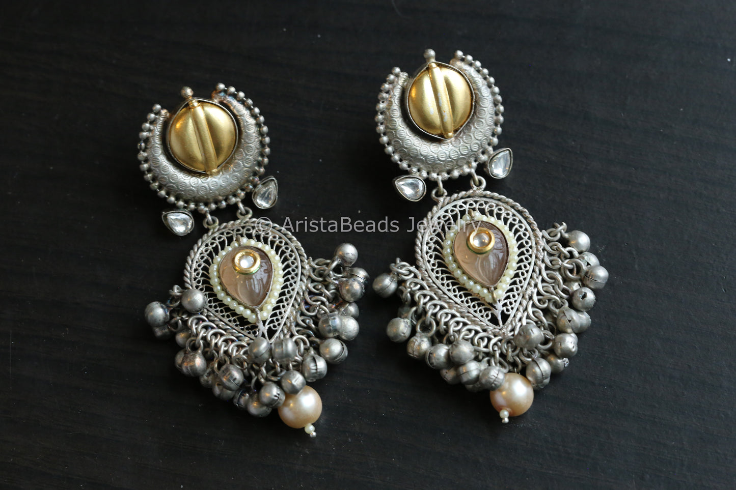Large 925 Silver Polish Dual Tone Chandbaali - Pink Carved Stone