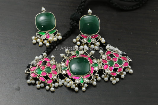 Silver Finish Jadau Choker Set - Green